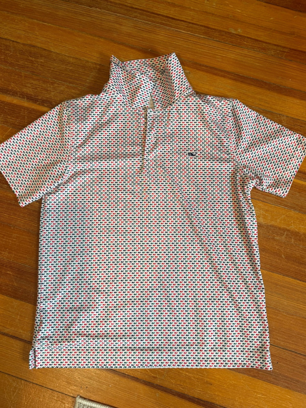 Vineyard Vines Kids Polo in White with Red, Navy & Green Whale Microprint